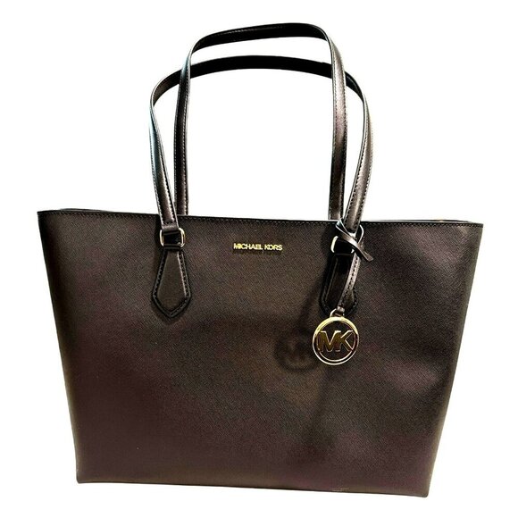 Michael Kors Handbags - Michael Kors Black Saffiano Leather Tote Gold Hardware MK Logo Charm NWT